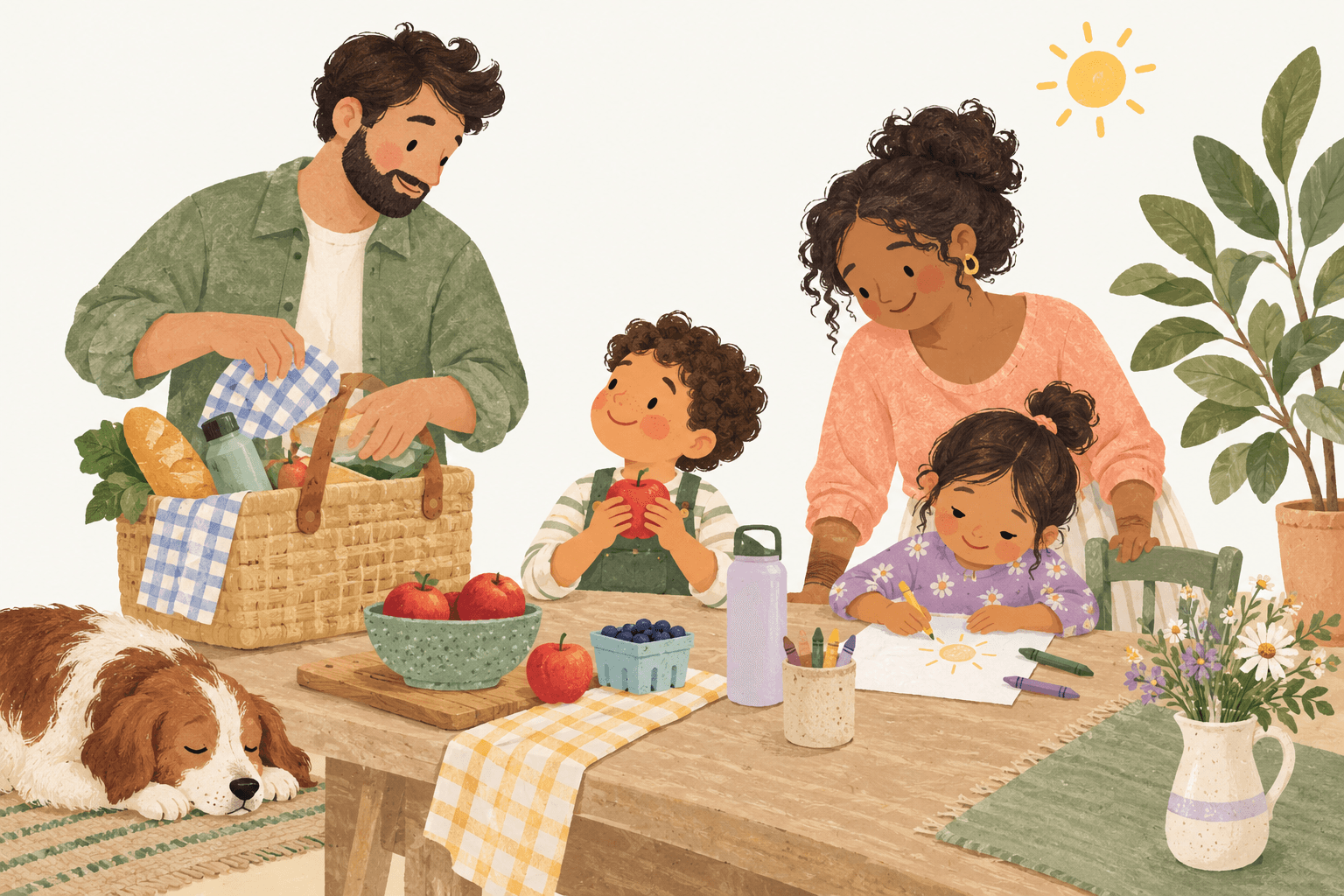 A family packing a picnic together, with a sleepy dog keeping them company.